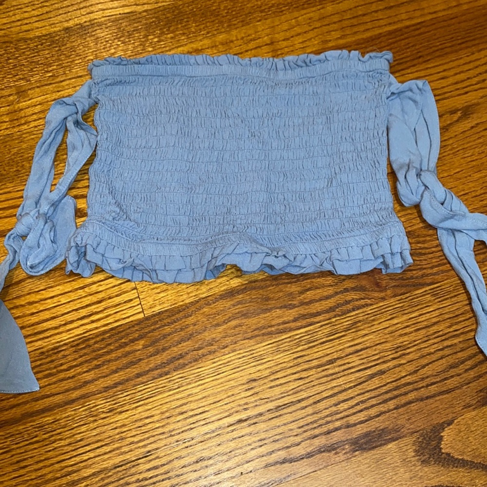 Blue bandeau top with ribbon sleeves